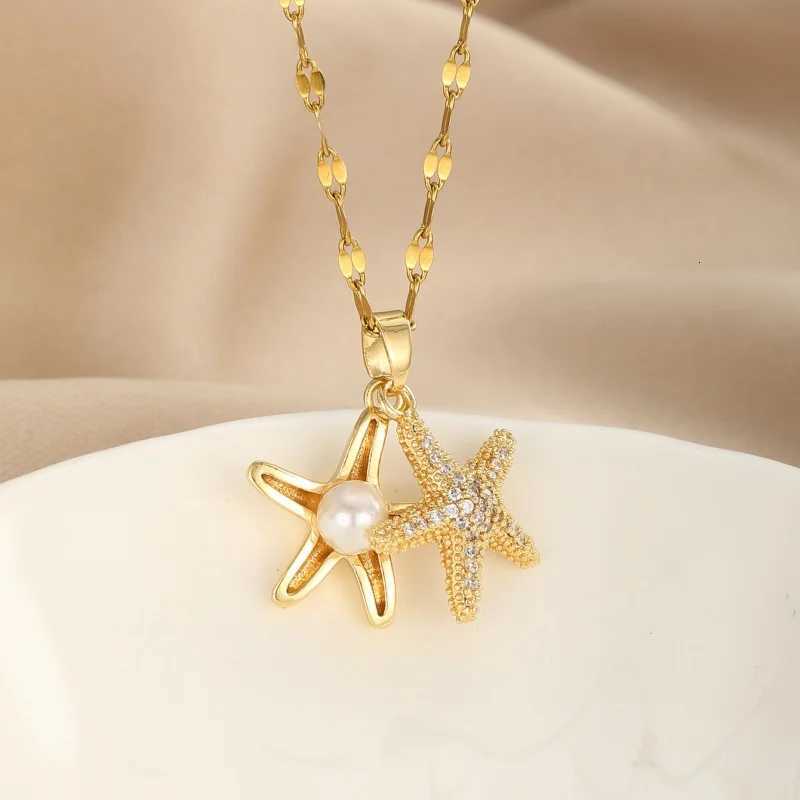 Stylish and Attractive Titanium Steel Necklace with Copper Micro-inlay Featuring Starfish Pendant and Zircon W250718