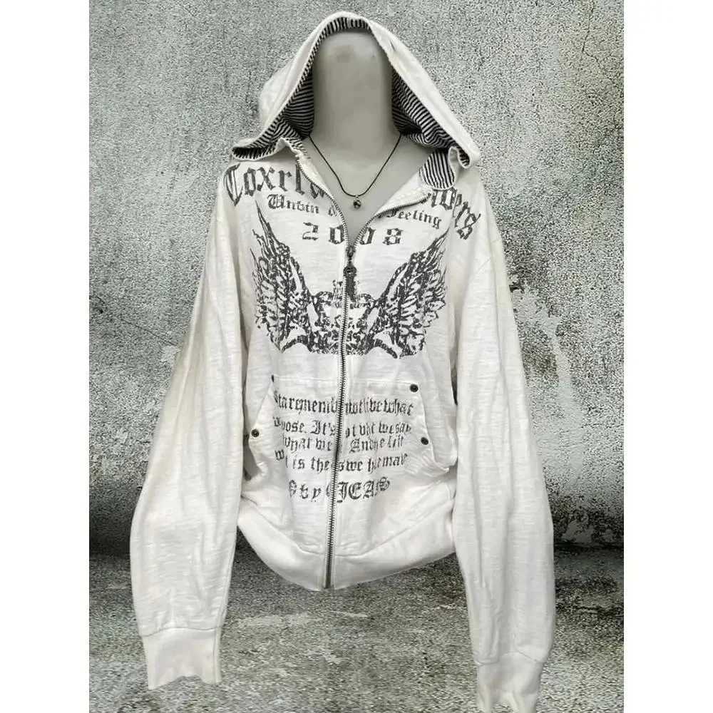 Vintage Sweatshirts 2024 Womens Clothes White Print Tunic Hooded Y2k Coat Streetwear Fashion Casual Hoodies Tops Ropa Mujer Z250719