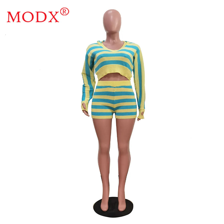 5sets Bulk Items Wholesale Lots Two Piece Set Womens Outfits Summer Knitted Striped Long Sleeve Hooded Tops Shorts M15179 250714