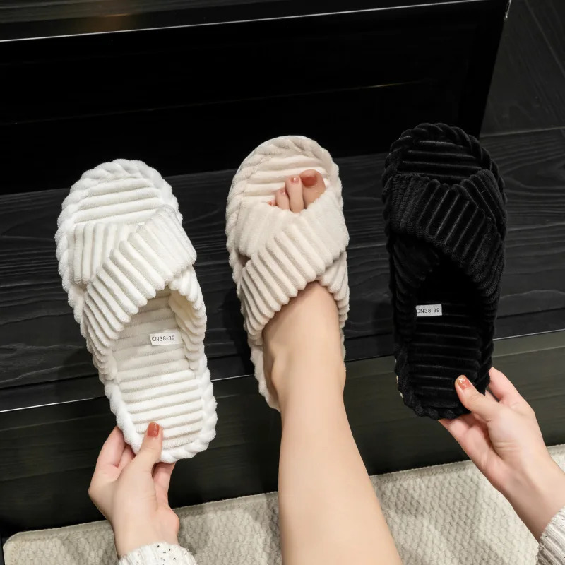 Fashion Corduroy Cross band Open Toe Home Slippers Women Autumn Winter Warm Plush Slides ladies Bedroom Soft Sole Slippers 250716