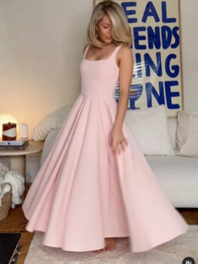 Summer Pink Sleeveless A-line Long Dress Womens Square Neck Backless High Waist Maxi Dresses Lady 2025 Vacation Street Vestidos 250715