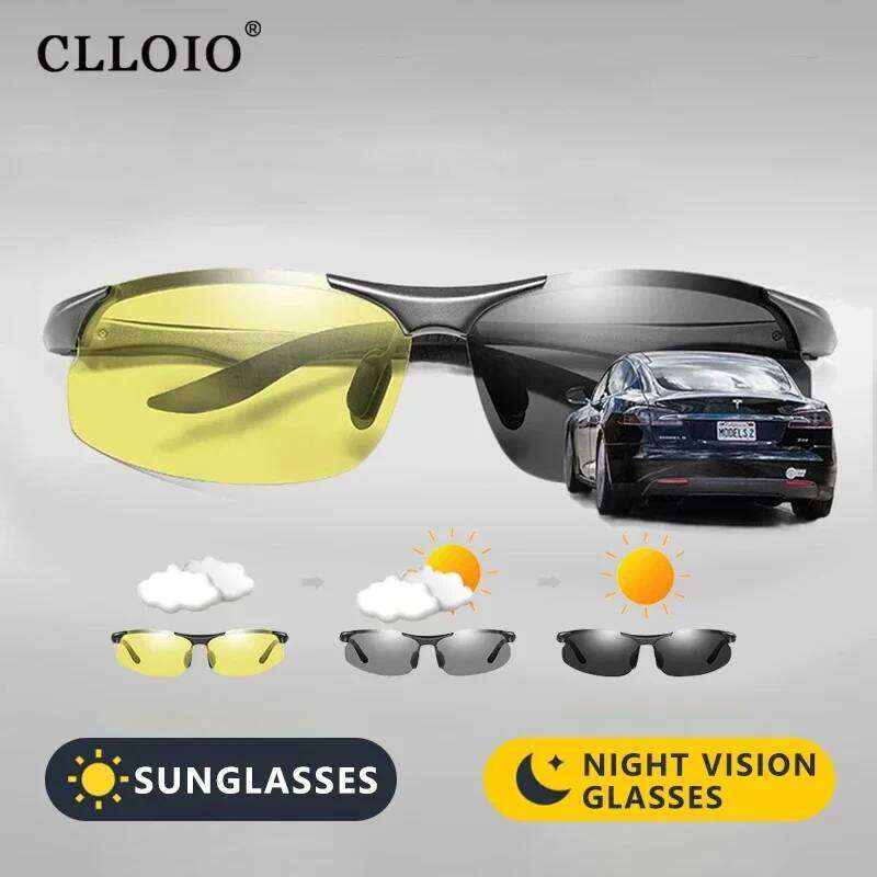 CLLOIO Aluminium Rimless Photochromic Day Night Vision Anti-Glare Glasses Men Polarized Driving Sunglasses Travel Fishing Goggle