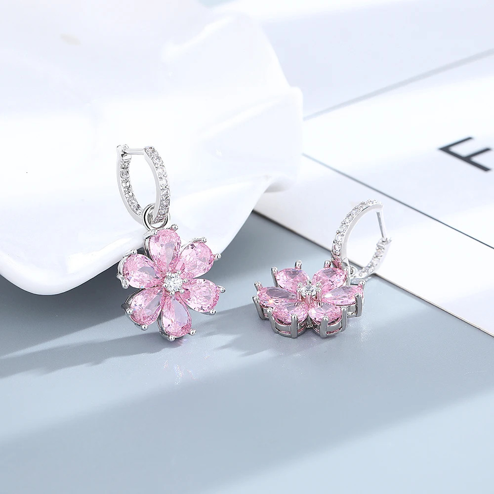 Pink Flower Sparkling Zircon S925 Silver Drop Earrings for Women Vintage Jewelry Wedding Engagement Hoop Earrings Gifts 250715