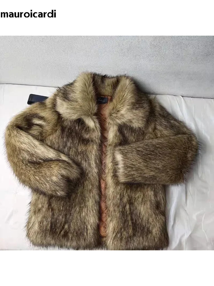 Mauroicardi Winter Short Thick Warm Hairy Shaggy Faux Raccoon Fur Coat Men Long Sleeve High Quality Fluffy Jacket 250715