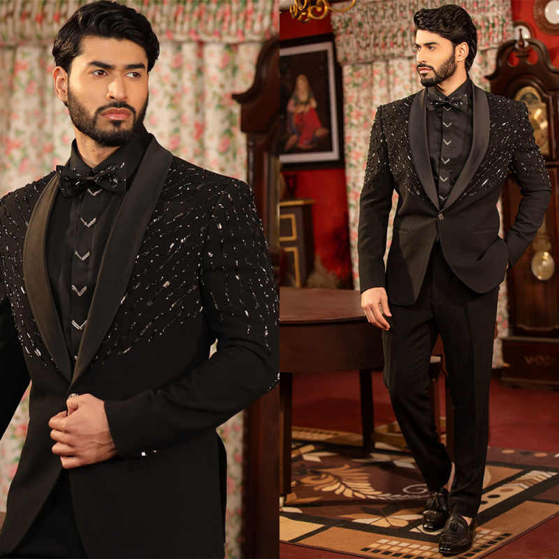 Luxury Men Wedding Suits 2 Piece Jacket Pants Single Breasted Sequins Crystal Groom Tuxedos Customized