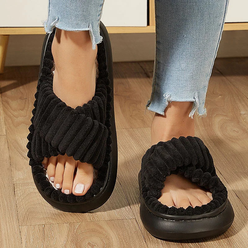 Winter Solid Linen Slippers Women Home Slippers Open-Toe Cross Band Linen Soled Indoor Slides Non Slip Indoor platform Slipper 250716