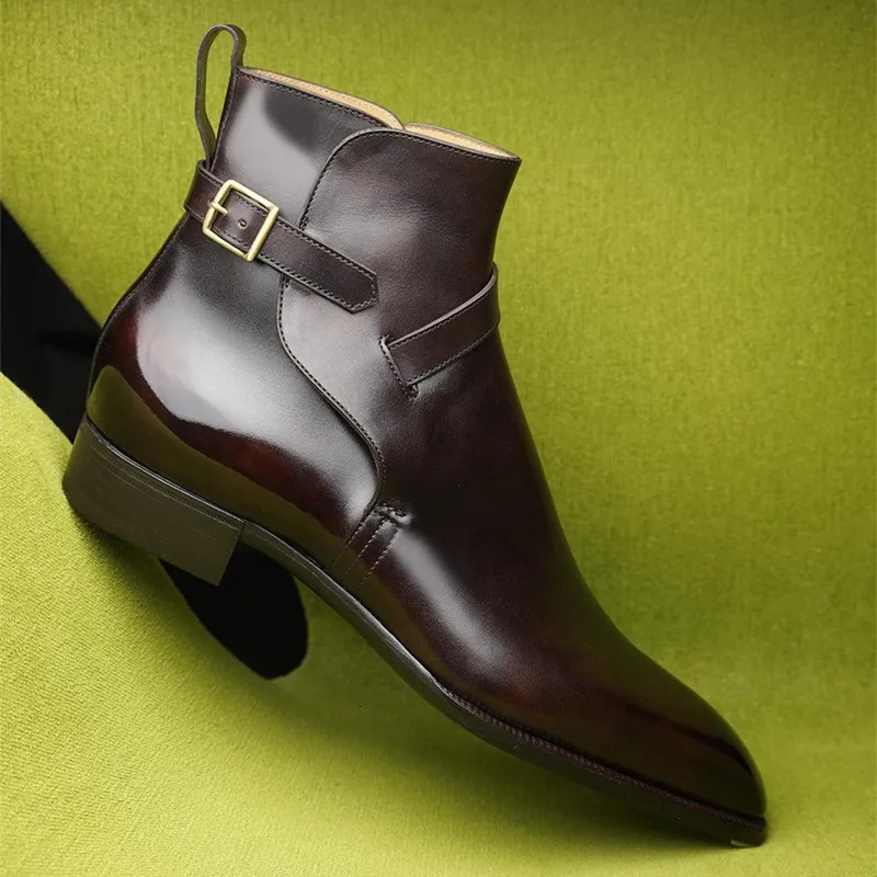 Brown Short Boots for Men Black Buckle Strap Fashion Ankle Boots Business Square Toe Men Boots 250715