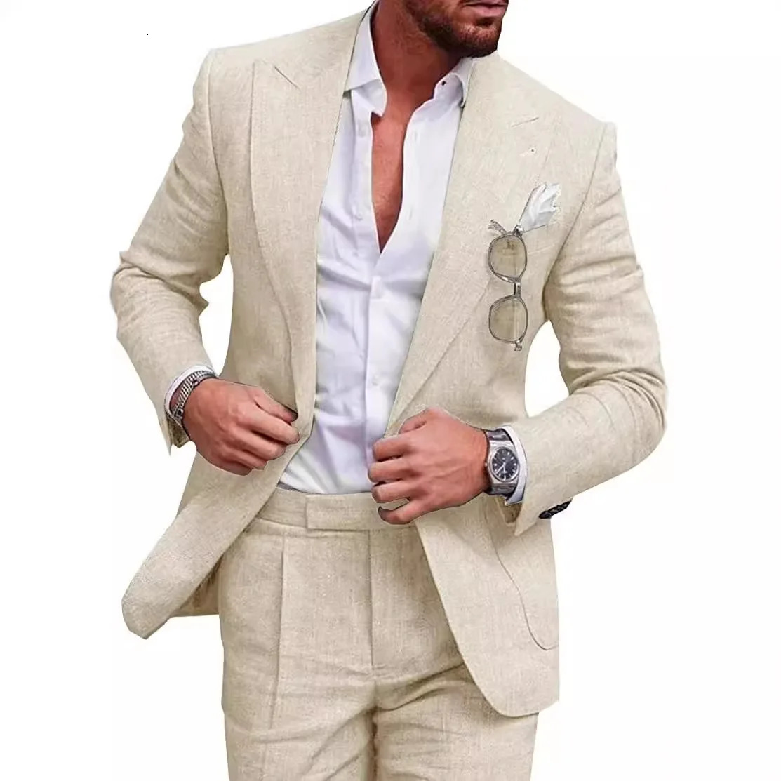 Korean Version Linen Solid Color Business Two-piece Set Mens Spring Casual Back Slit Single Button Lapel Suit Trousers 250715
