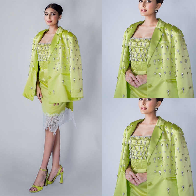 Luxury 2 Pieces Customized Women Suits Crystal Rhinestone Lace Flowers Lace Short Skirt Classic Fit Birthday Party Wear