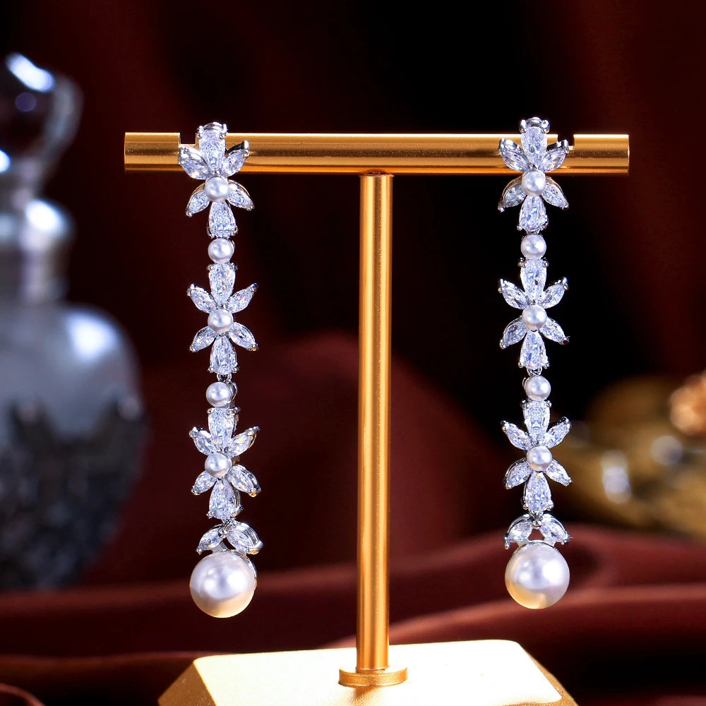 CWWZircons Shiny White CZ Paved Silver Color Long Dangle Drop Pearl Flower Leaf Cubic Zirconia Earrings for Women Wedding CZ478 250716