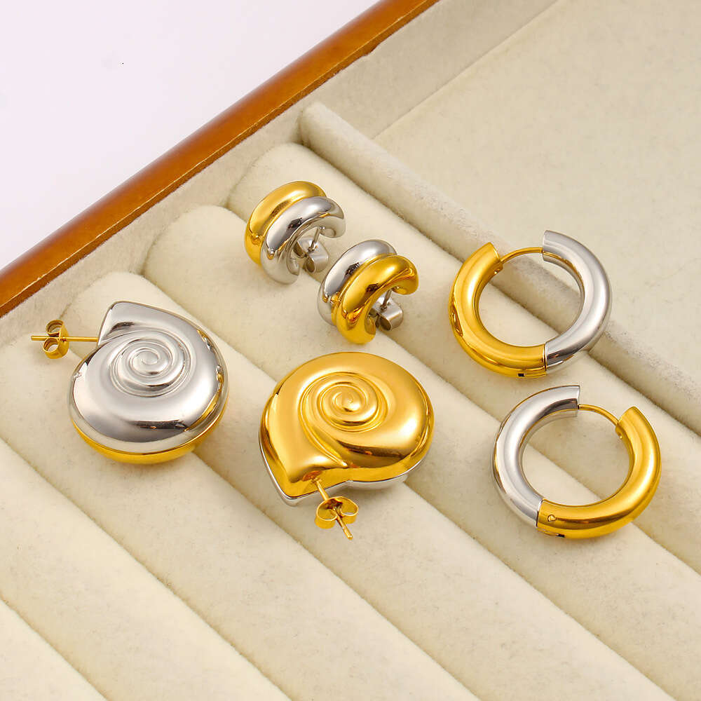 Summer Hot Sale Fashion Stainless Steel Gold and Sier Two-tone Conch Stud C-shaped Round Earrings for Women
