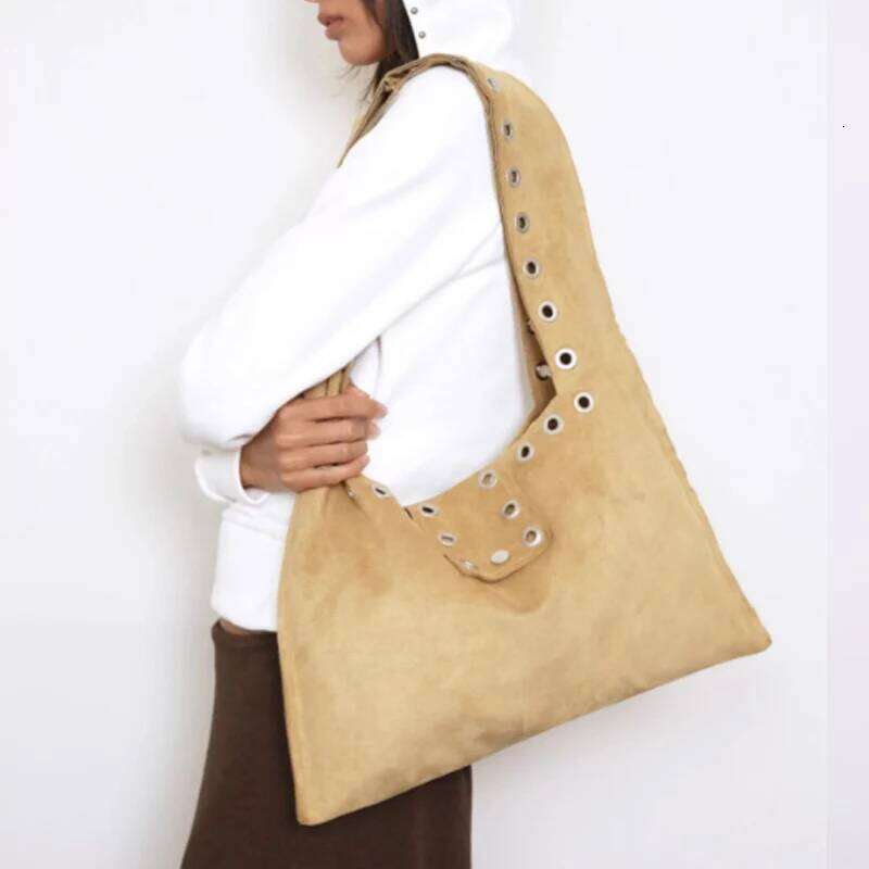 Retro Rivet Shoulder Armpit Fashion Motorcycle Suede Large Capacity Tote Bag