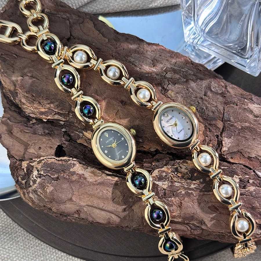 Ladies Silky Texture Oval Alloy Case Set with Movable Fine Bead Bracelet Sun Print Rhinestone Dial Elegant Lady Quartz Watch W250718