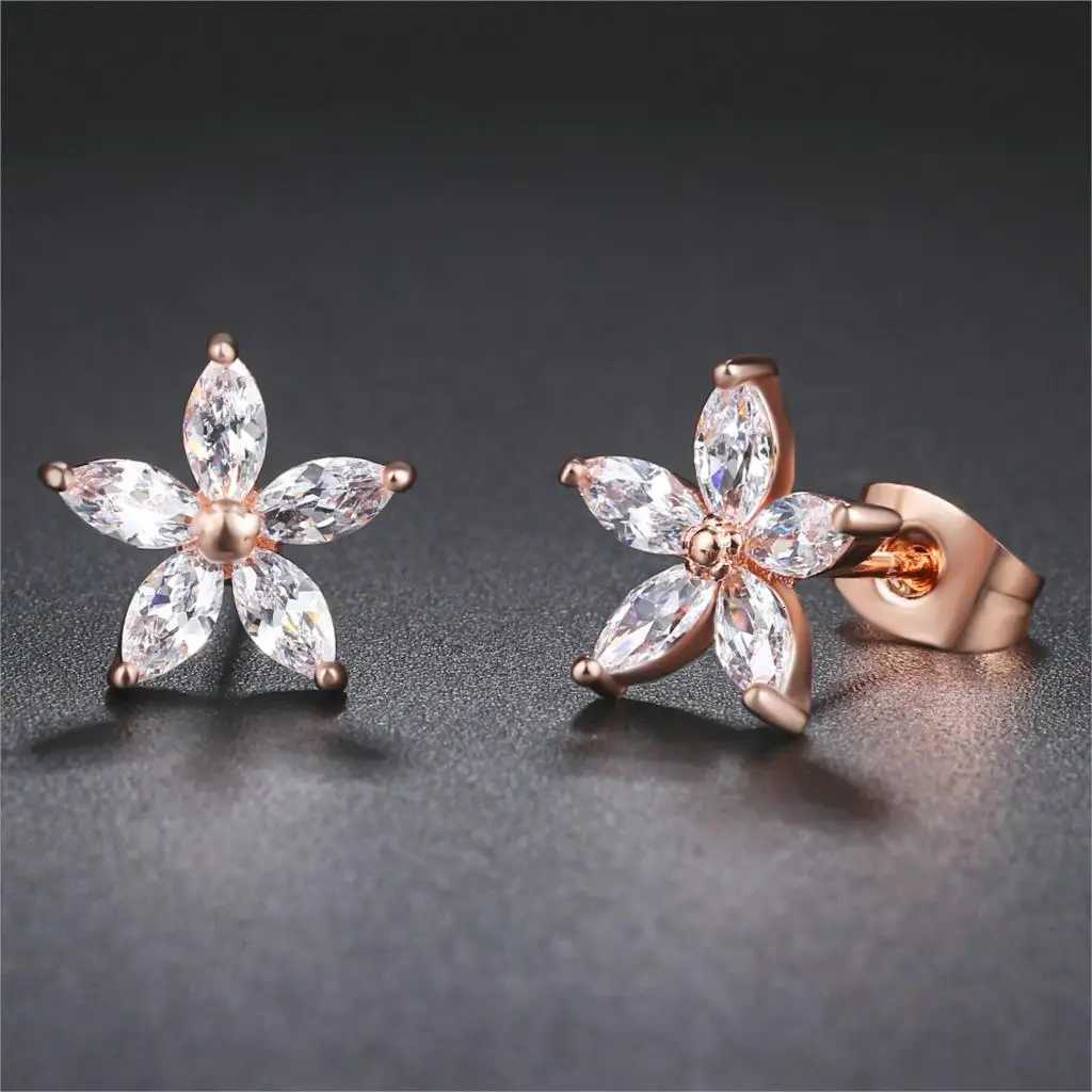 Engagement Wedding Flower Crystal Stud Earrings for Women Fashion Zircon Rose Gold Color Ear Jewelry for Bridal Female Gift E062XJ250718