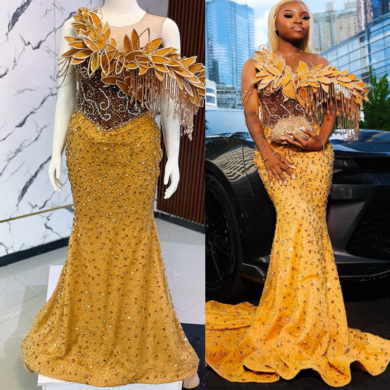 2025 African Gold Aso Ebi Prom Dress Mermaid Prom Dresess Evening Formal Gown Sheer Neck Beaded Lace Rhinestone Birthday Second Reception Gown For Bla