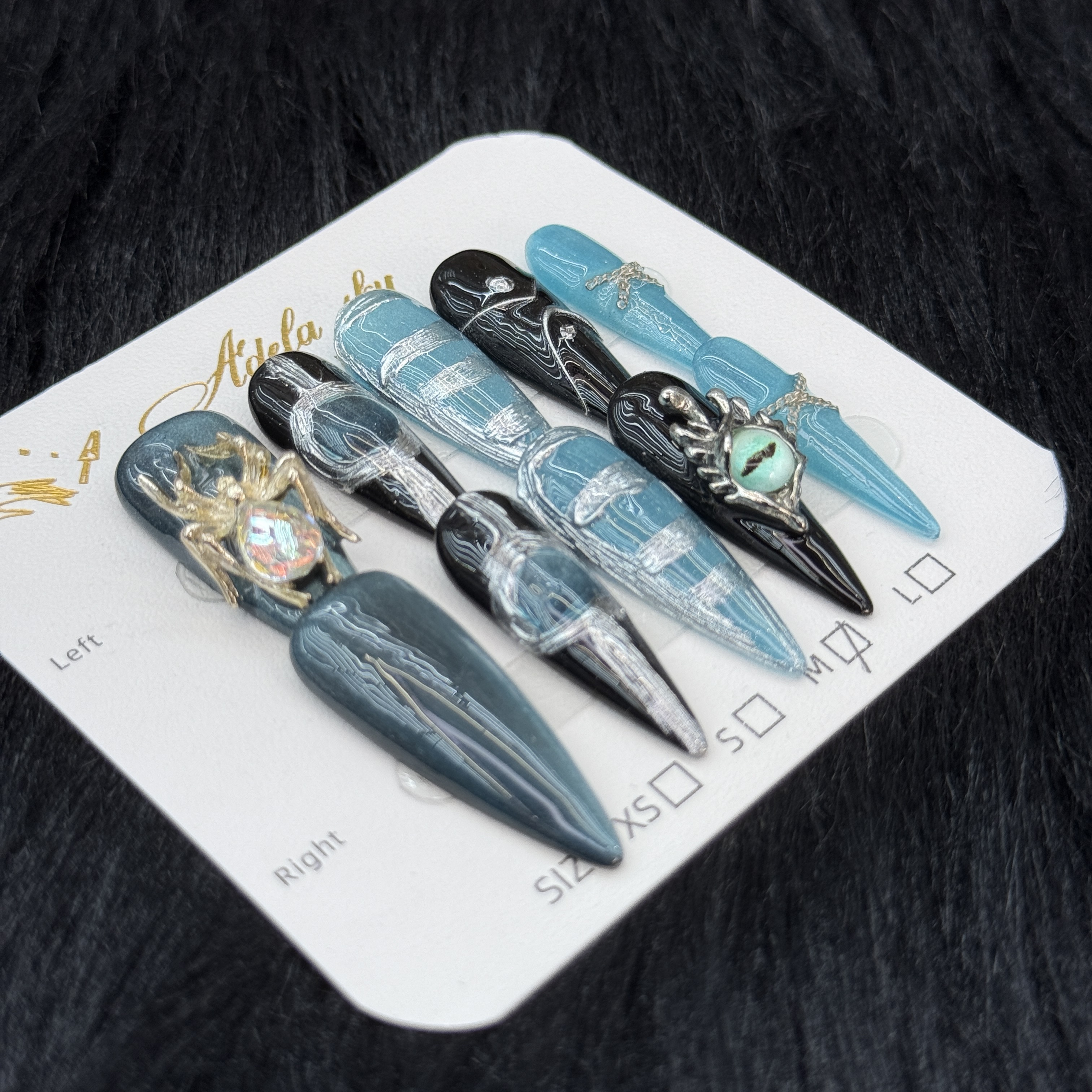 10Pcs Gothic Spider Eye Press-On Nails - Blue & Black Punk Manicure Set