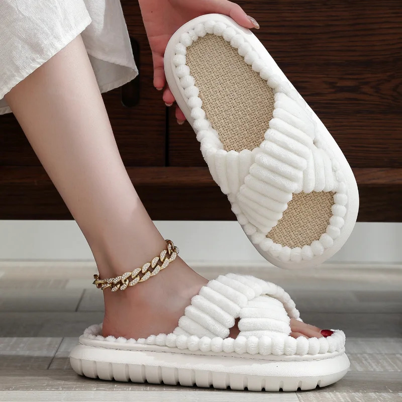2024 Autumn Winter Women Home Slippers Open-Toe Cross Band Linen Soled Indoor Slides Linen Soled Non-Slip Bathroom Slippers 250716