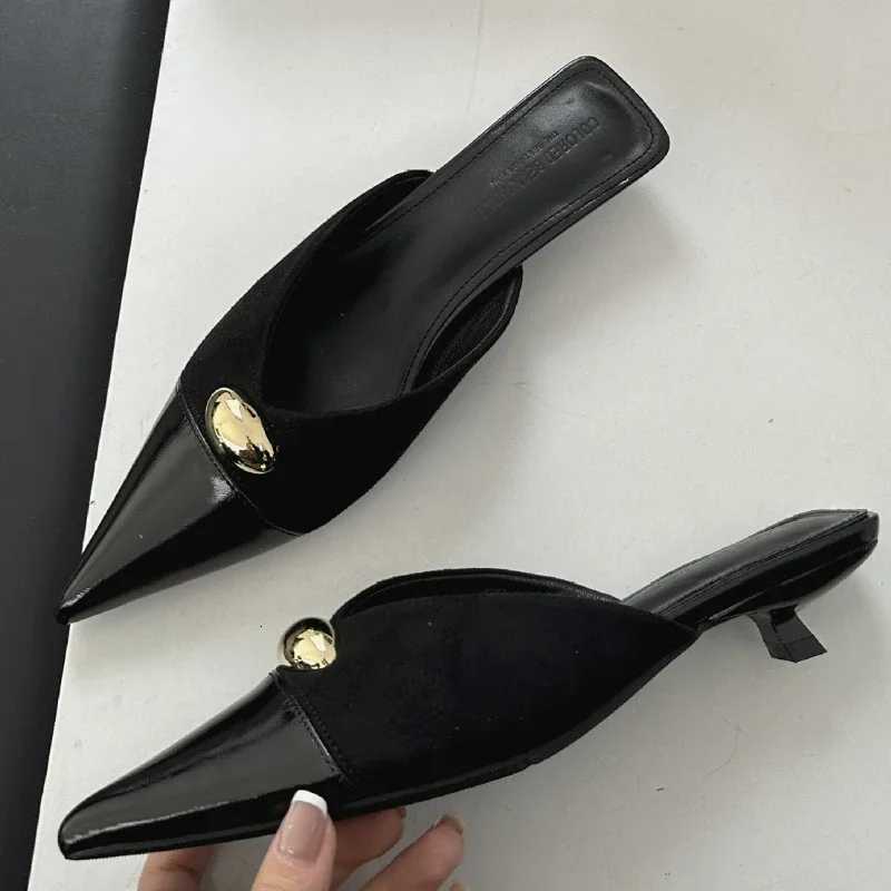 Metal Buckle Pointed Toe Mules Elegant Low Heel Slippers Fem Brand Designer Sandals for Women Pumps Y250716