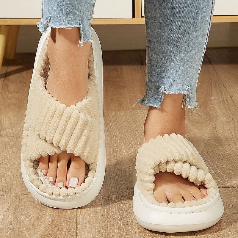 Winter Solid Linen Slippers Women Home Slippers Open-Toe Cross Band Linen Soled Indoor Slides Non Slip Indoor platform Slipper 250716