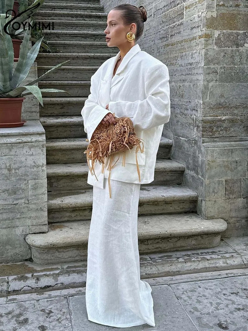Oymimi Casual White Two Piece Set For Women Elegant Long Sleeve Pockets Blazers And High Waist Straight Floor-Length Skirts Sets 250715