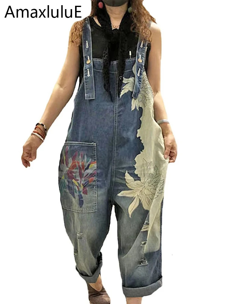 AmaxluluE 2025 Females Fashion Overalls Ladies Summer Printed Denim Pantalons Vintage Casual Jeans Loose Trousers 250714