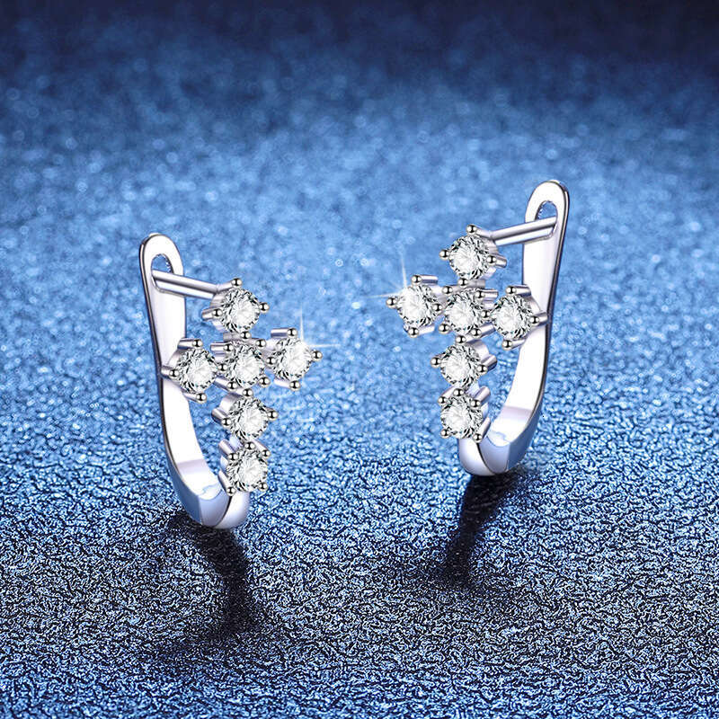 Hot Selling Cross Moissanite Earrings Sterling Sier Clip Ear Stud U-shaped Personality Trend 69c