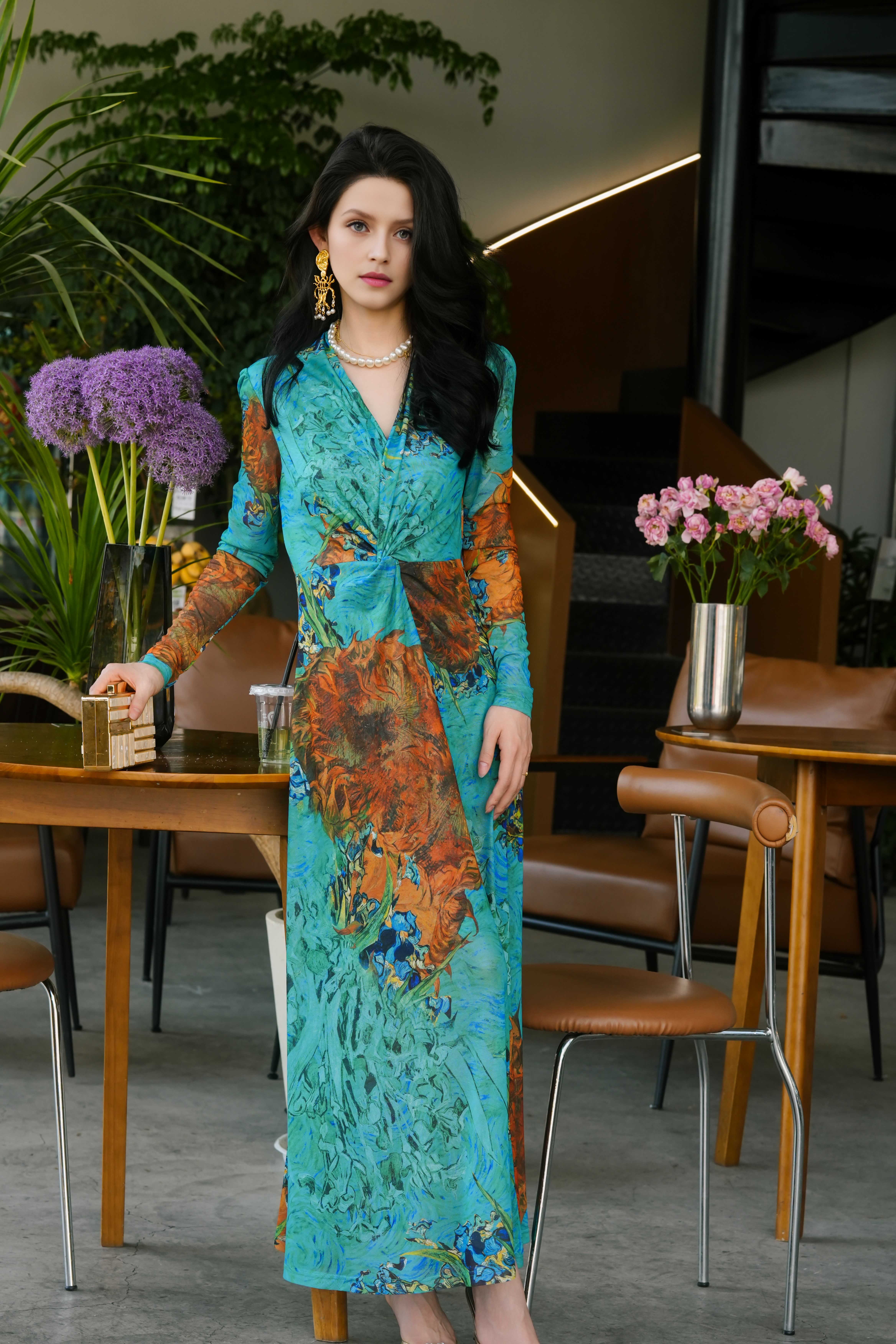 HZHJ new original designer oil painting sunflower dress appears white and slim, high-end