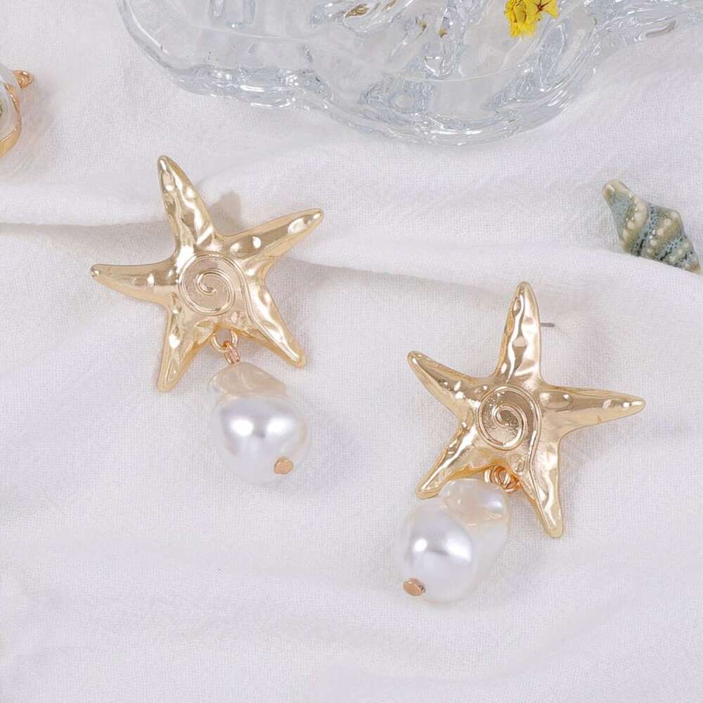 Fashionable High-End Alloy Starfish Imitation Pearl Pendant Simple Ocean Vacation Style Earrings for Women
