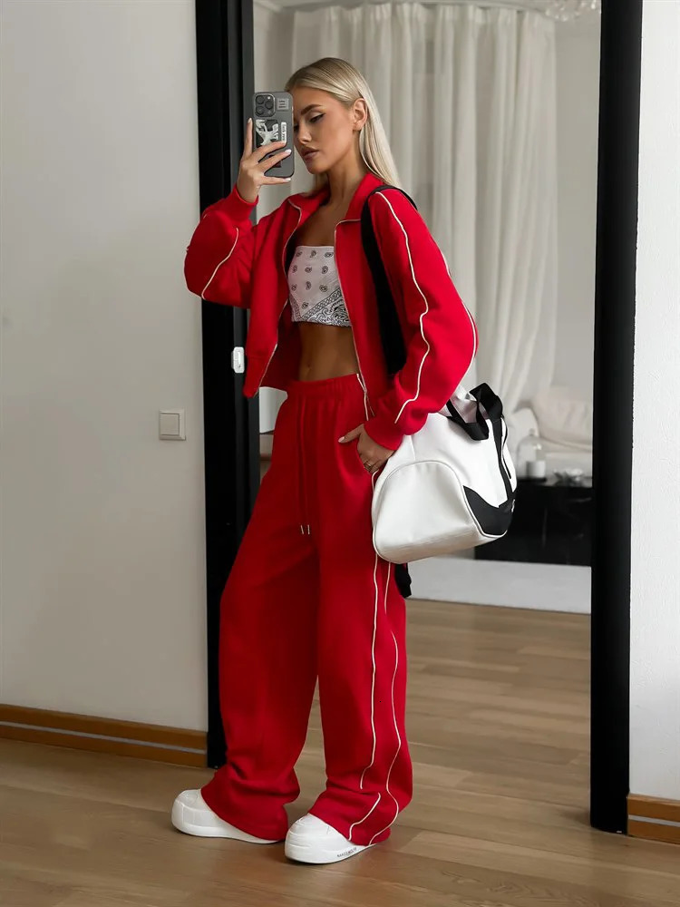 Autumn Fashion Long Sleeve Sports Womens Suit Casual Turn-down Collar Zipper Tops And Loose Wide Leg Pants Female Two Piece Set 250714