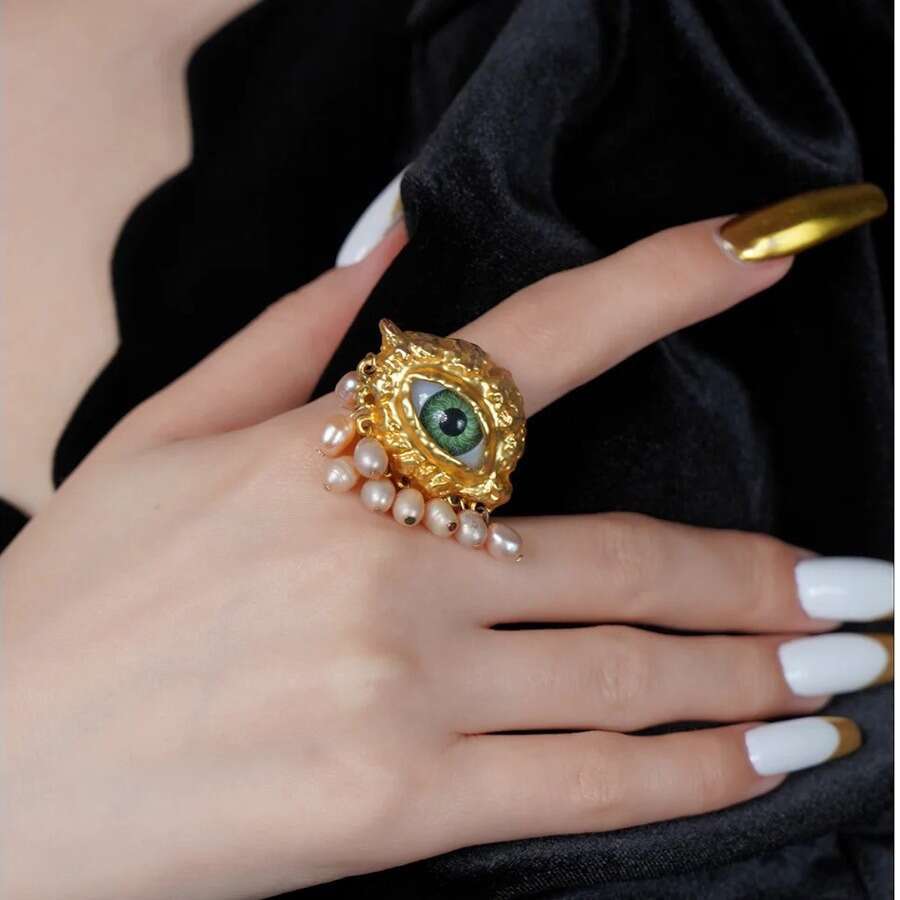 Vintage Personality Demon Eye Pearl Tassel Light High-end Sense Earrings Ring Necklace Set Accessories for Women