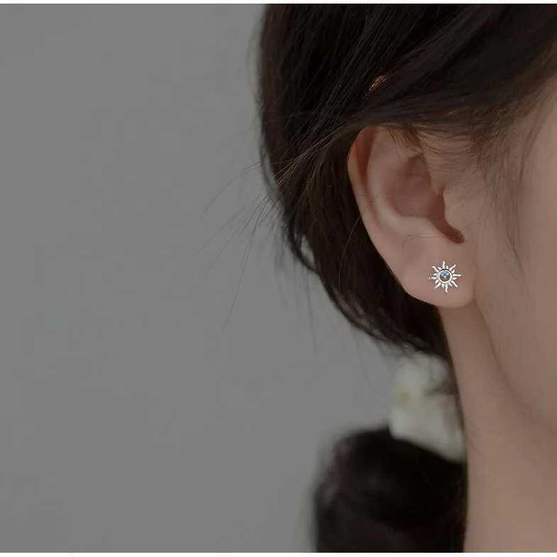 925 Sterling Silver Blue Zircon Sun Small Stud Earrings For Women Piercing Elegant High Fine Jewelry Best Seller XJ250718