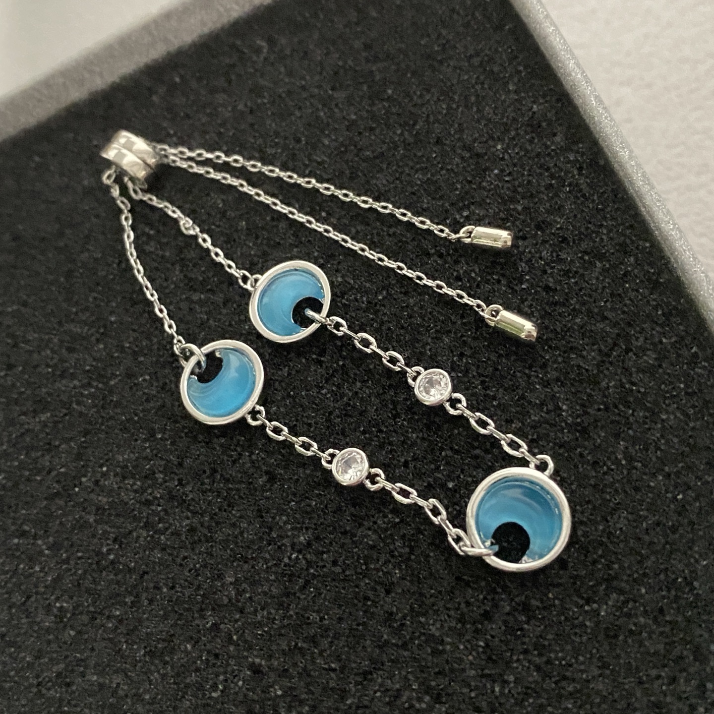 Silver - Toned Bracelet With Blue Enamel, Circular Cutouts, And Rhinestone Accents Artistic Daily & Elegant Jewelry Gift For Her High - Quality And St