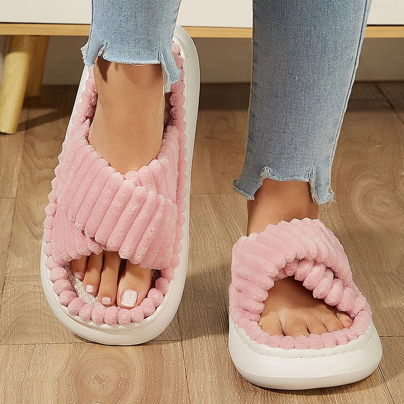 Winter Solid Linen Slippers Women Home Slippers Open-Toe Cross Band Linen Soled Indoor Slides Non Slip Indoor platform Slipper 250716