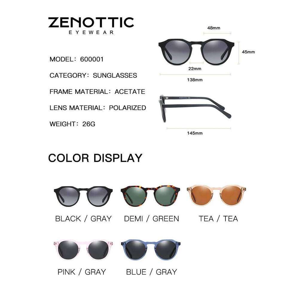 ZENOTTIC 2024 Fashion Acetate Polarized Sunglasses Round Vintage Shade UV400 New Men/Women Retro Sun Glasses 600001S
