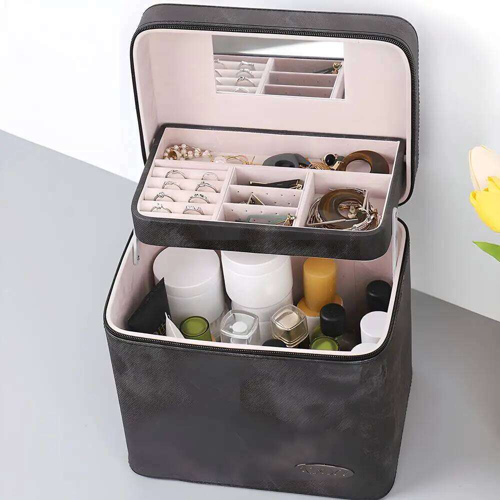 Large Capacity Cosmetic Pu Leather Waterproof Make-Up Case Lipstick Jewelry Organize Storage Multifunctional Box With Mirror