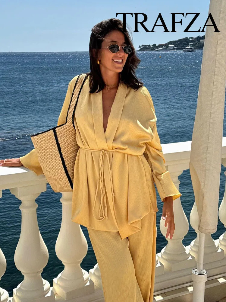 TRAFZA Women 2 Piece Set Pleated Texture Lace Up Decorate Fashion Kimono Shirt TopSolid Elastic Waist Wide Leg Long Pant Mujer 250714