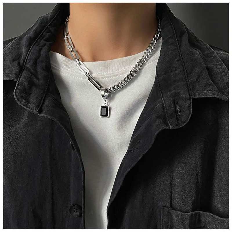 Stainless Steel Cuban Chain Choker Necklace for Men Black Square Pendant Necklace Men Neck Chains Cool Hip Hop Neck Jewelry New W250718