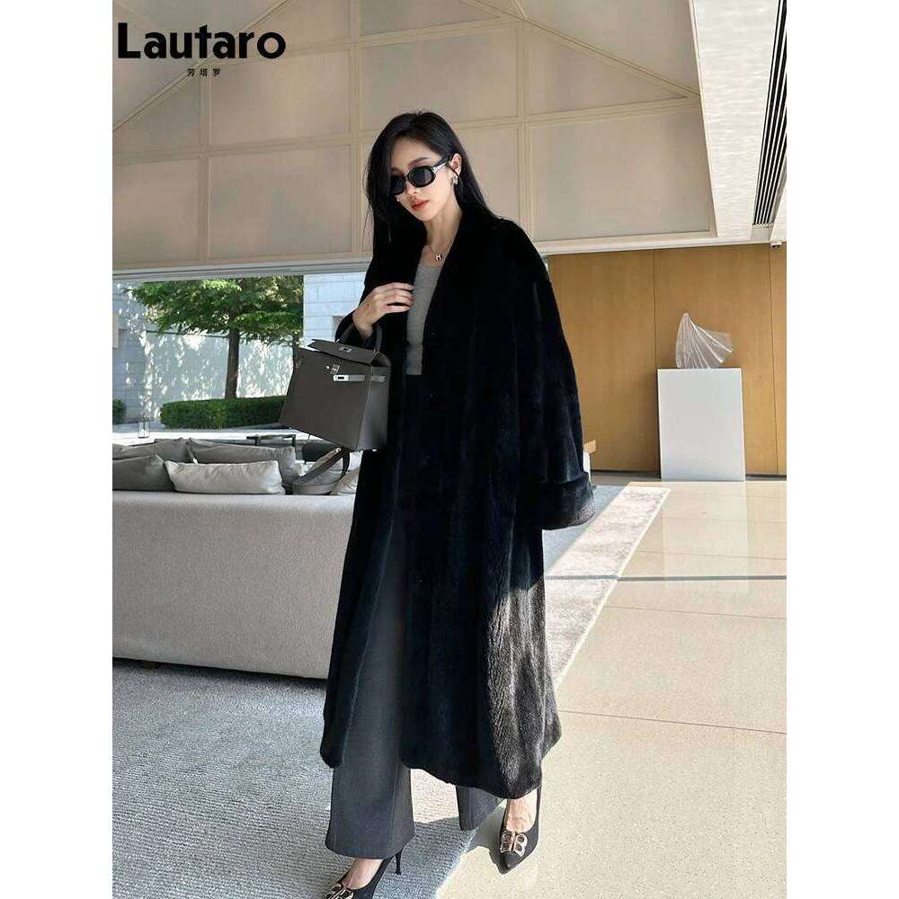 Lautaro Autumn Winter Long Elegant Chic Soft Thick Warm Brown Hairy Faux Mink Fur Coat Women V Neck Fluffy Overcoat 2024 MDNG