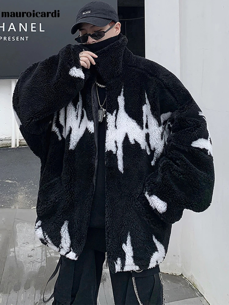 Mauroicardi Winter Oversized Thickened Warm Fluffy Faux Fur Jacket Men Raglan Long Sleeve Zip Up er Clothes 250715