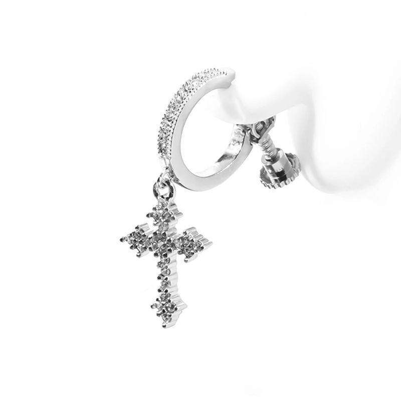 Micro Pave Full Zirconia Rhombus Cross Non-Pierced Ear Clip Men's Studs Women's Drop Earrings Trendy