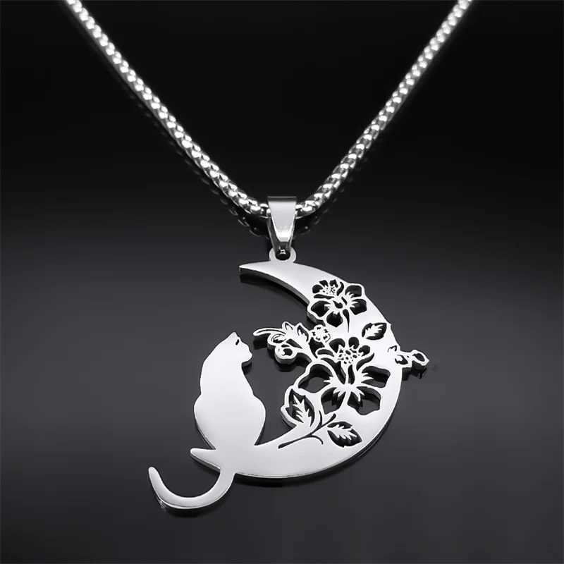 3220 Aesthetic Cat Flower Moon Crescent Necklace for Women Men Stainless Steel Silver Color Bohemian Chain Gift Jewelry Necklace W250718