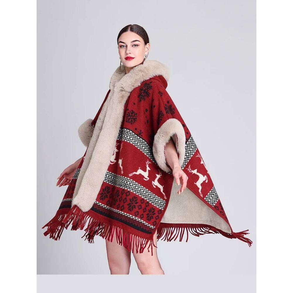 Designer Clothing Fashion Comfort Faux Fur Wool Blends Cape Coat Hood Women Winter Long Loose Thicken Lining Warm Cardigan Outerwear Wraps Fashion
