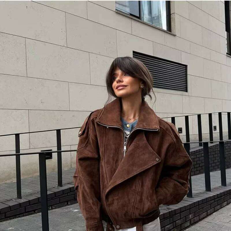 Chic Brown Faux Suede Cropped Casual Coat Vintage Lapel Solid Zipper Short Jacket Autumn Woman New Padded Shoulder Jackets
