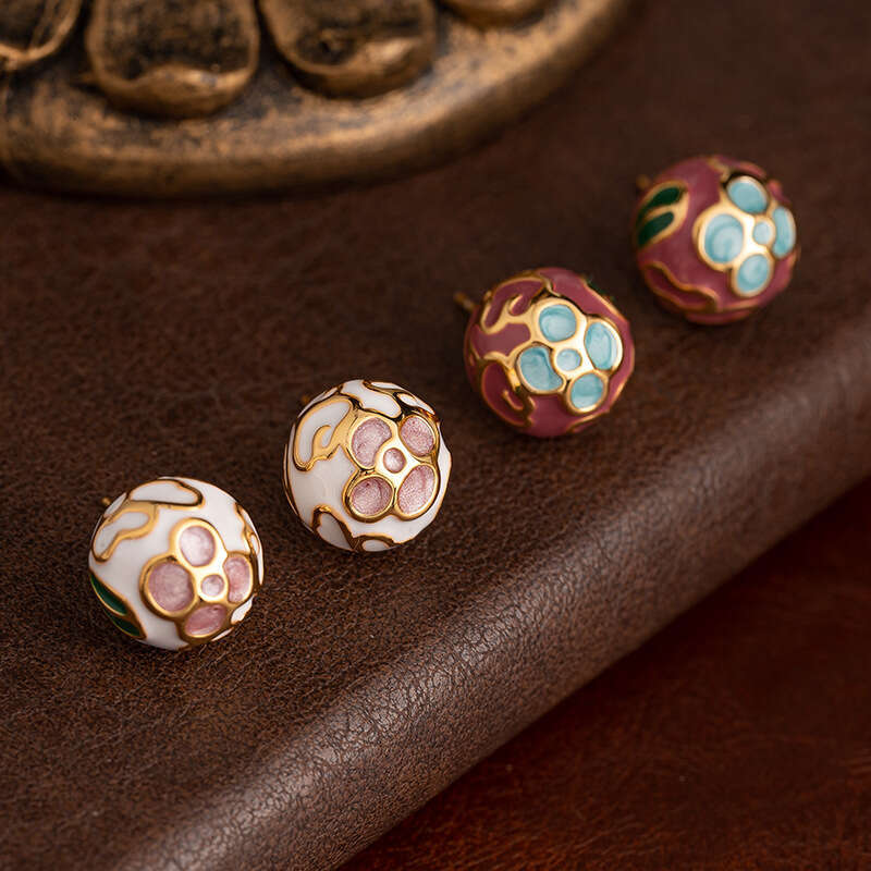Ariya New Chinese National for Women Enamel Drop Glaze Flower Palace Style Stud Earrings Elegant Light High-end