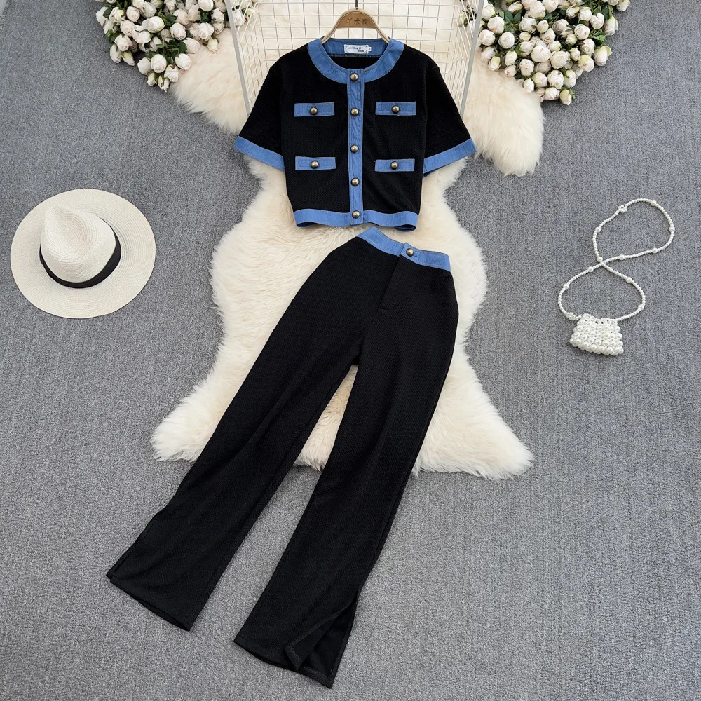 Two Piece Sets Women Pant Set Knitted White Sleeveless Vest Tops Y2k Streetwear High Waist Wide Leg Long Pants Knit Party 250714