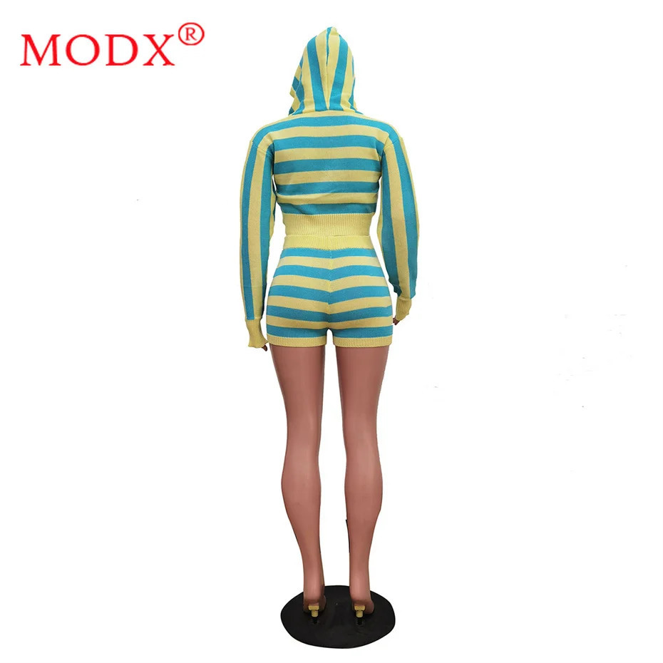 5sets Bulk Items Wholesale Lots Two Piece Set Womens Outfits Summer Knitted Striped Long Sleeve Hooded Tops Shorts M15179 250714