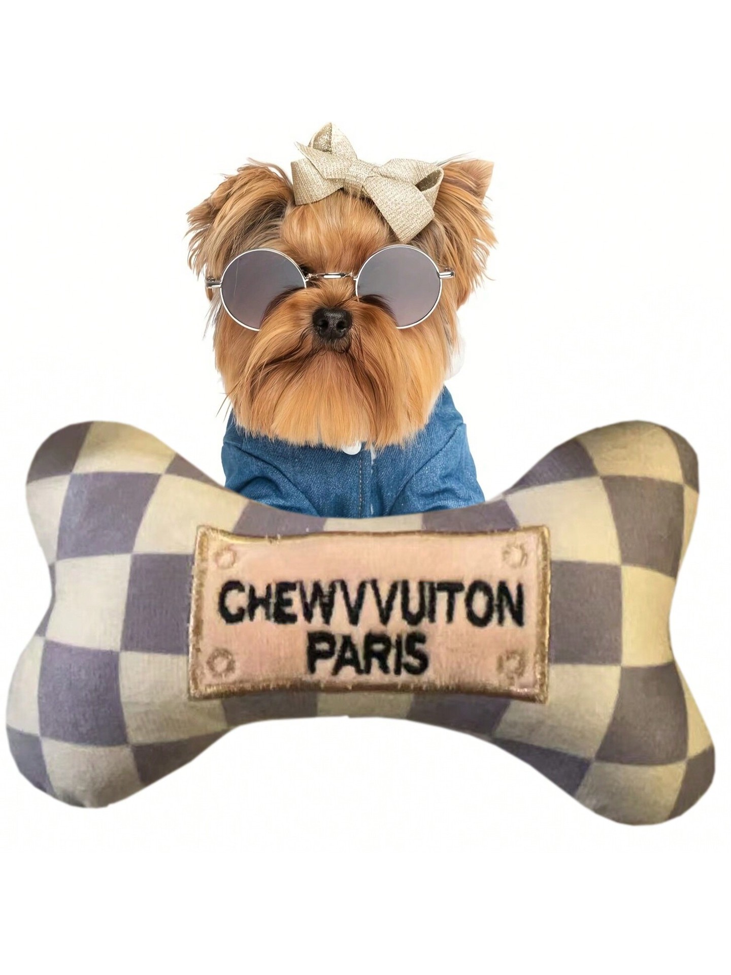 Checker Chewy Vuiton Bone, Plush Designer Dog Toys with Interactive Squeaker, Stimulating Pet Enrichment, Machine-Washable & Safe Materials for All Br