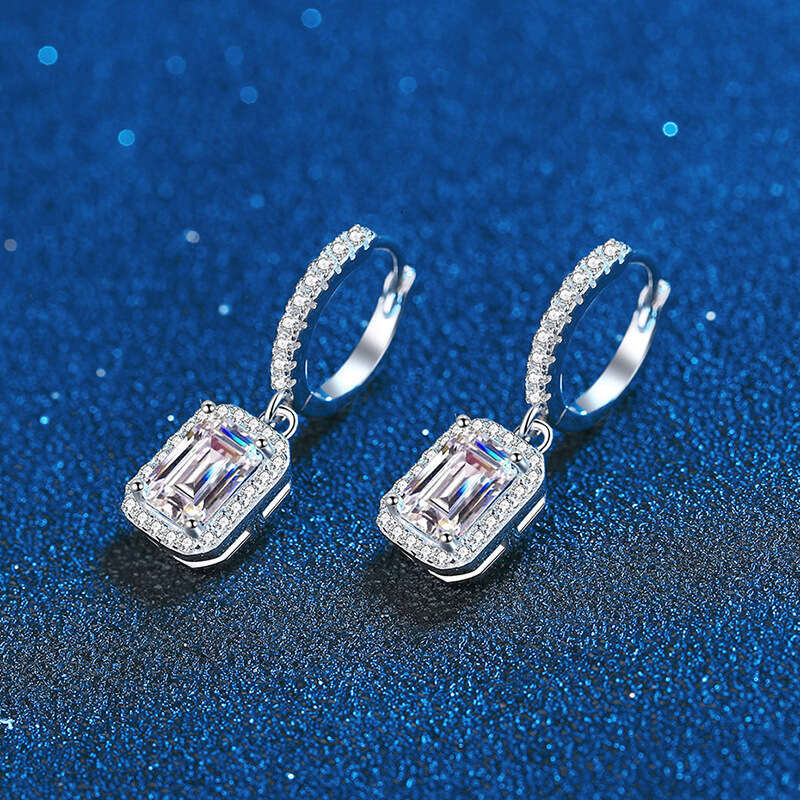 One Carat for Women, Sterling Sier Plated Earrings, Emerald Cut Moissanite Earrings 306