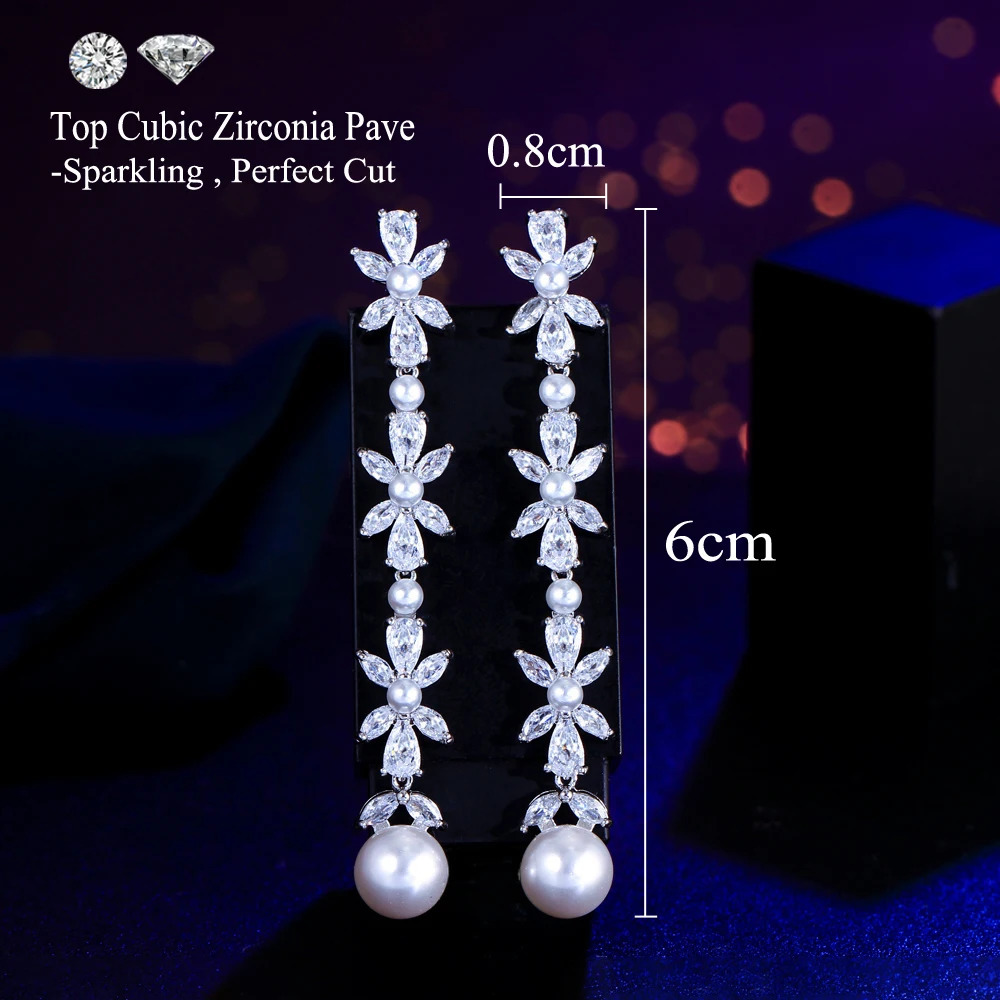 CWWZircons Shiny White CZ Paved Silver Color Long Dangle Drop Pearl Flower Leaf Cubic Zirconia Earrings for Women Wedding CZ478 250716