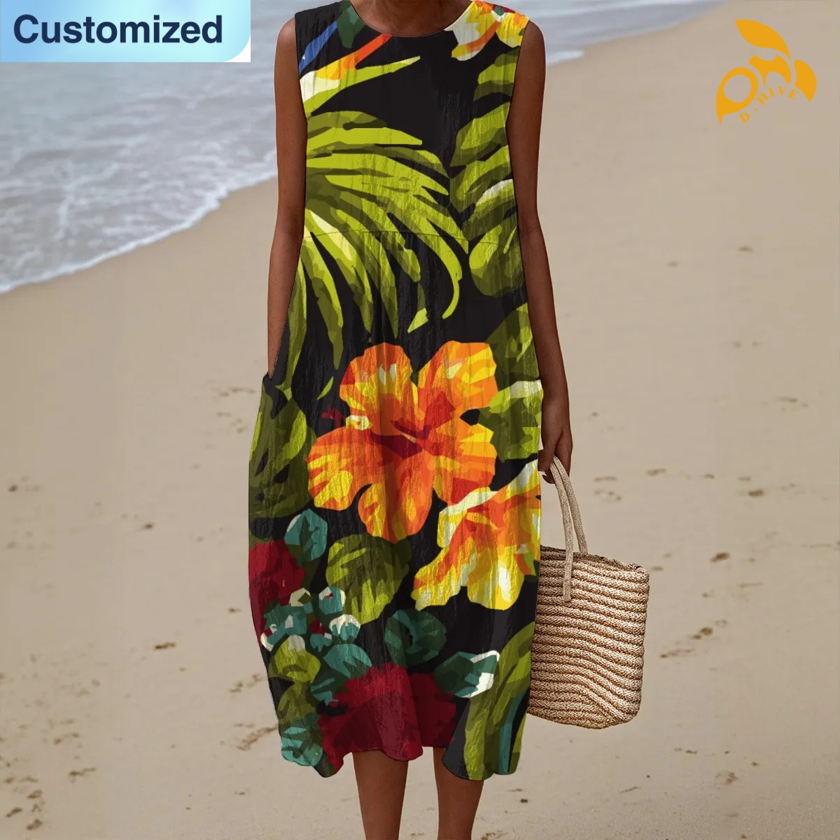 free shipping designer of customized soft comfortable full-body printed sleeveless women's dress with exquisite patterns from US
